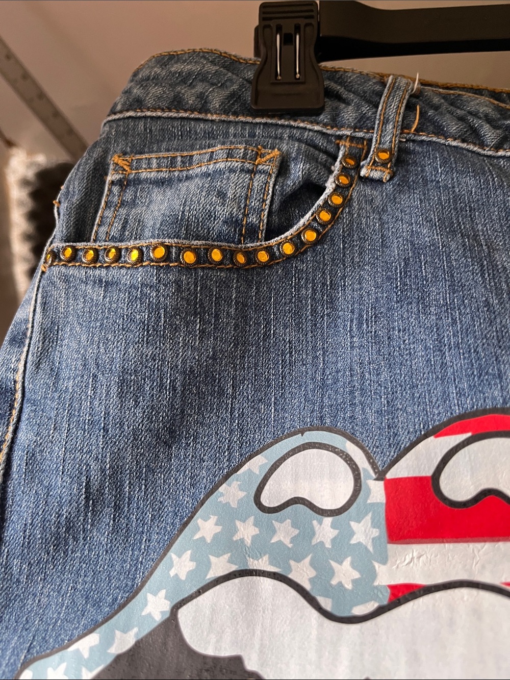 Women's Blue Denim Jean Shorts with Graphic Tongue Print - Picture 6 of 8